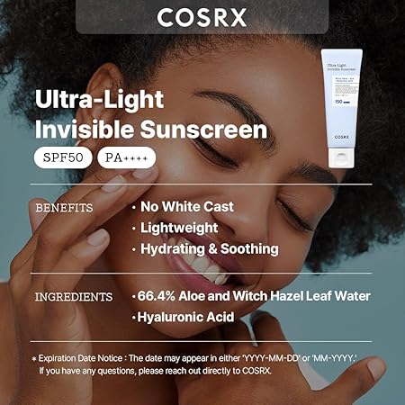 COSRX Ultra Light Invisible Sunscreen Witch Hazel+Aloe+Hyaluronic Acid SPF50 50ml - Image 2